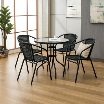 Imagen de Juego De Jardin Mesa Vidrio + 4 Sillas - Set Combo - Rattan Negro